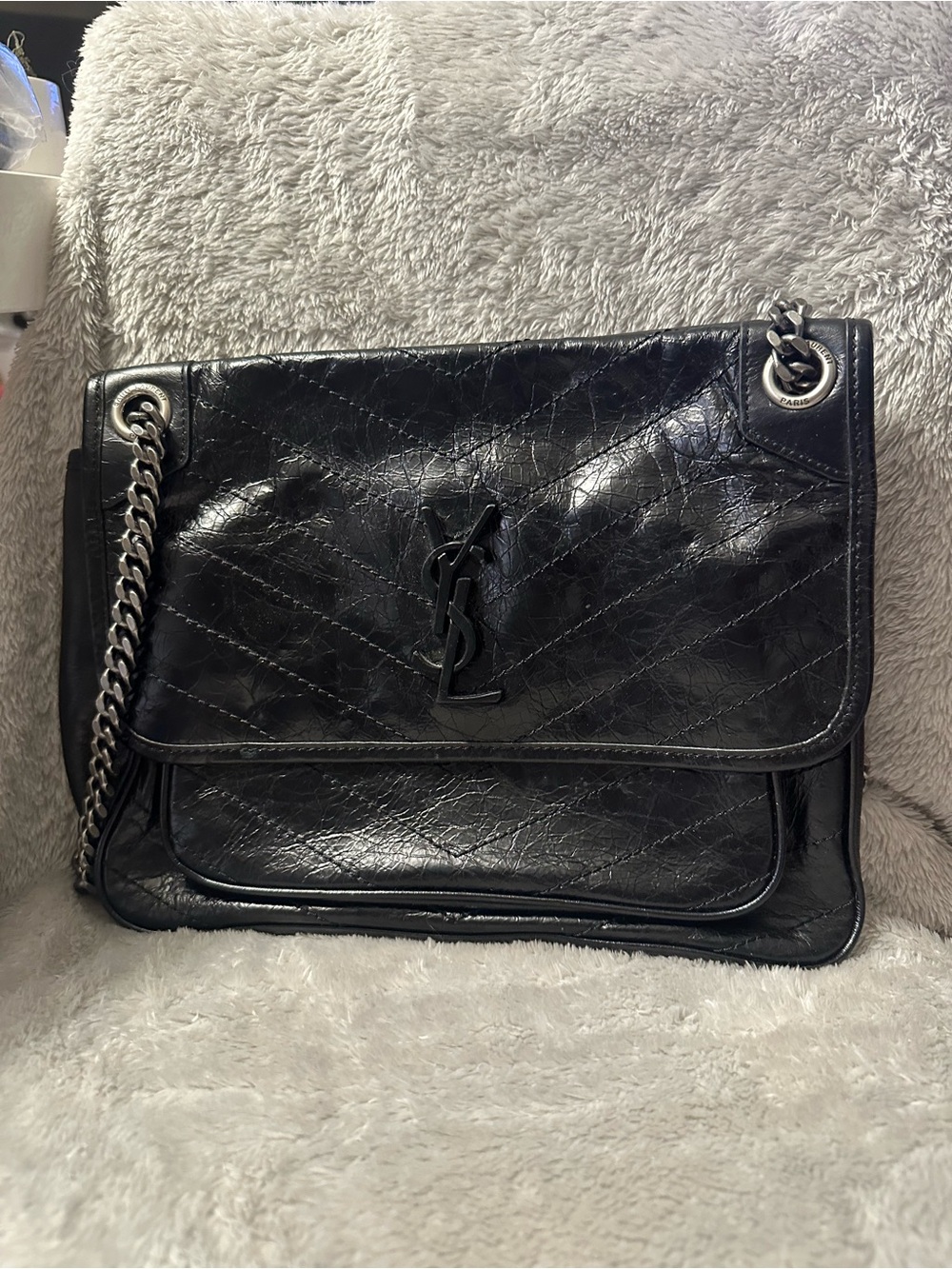 Saint Laurent Black Crinkled Leather Chain Shoulder Bag